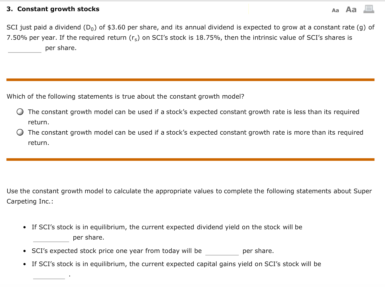 3. Constant growth stocks Aa Aa E SCI just paid a dividend