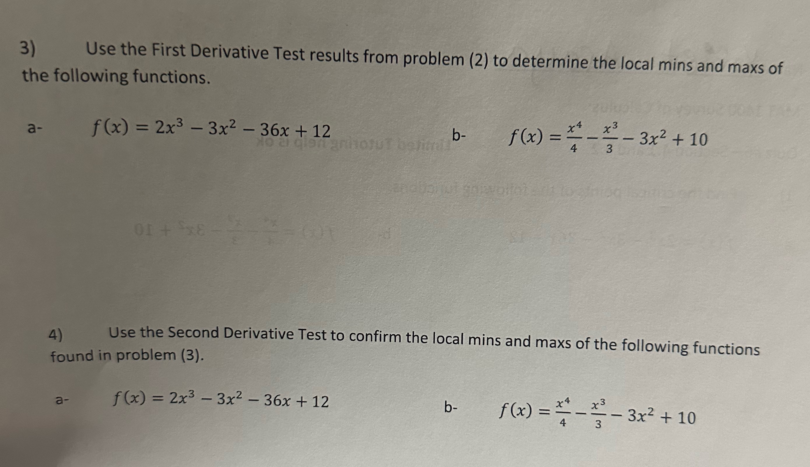 Test results from problem (2) to determine the local mins and maxs