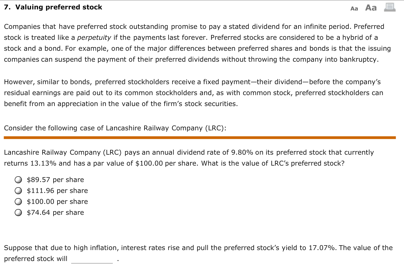 7. Valuing preferred stock Aa Aa a Companies that have preferred stock