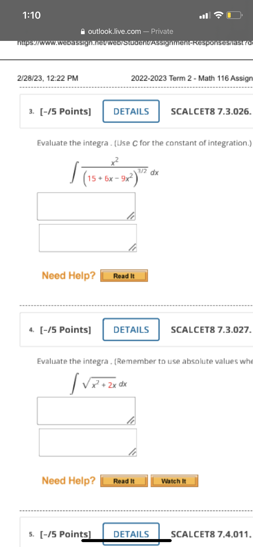 Term 2 - Math 116 Assign 3. [-/5 Points] DETAILS SCALCET8 7.3.026.