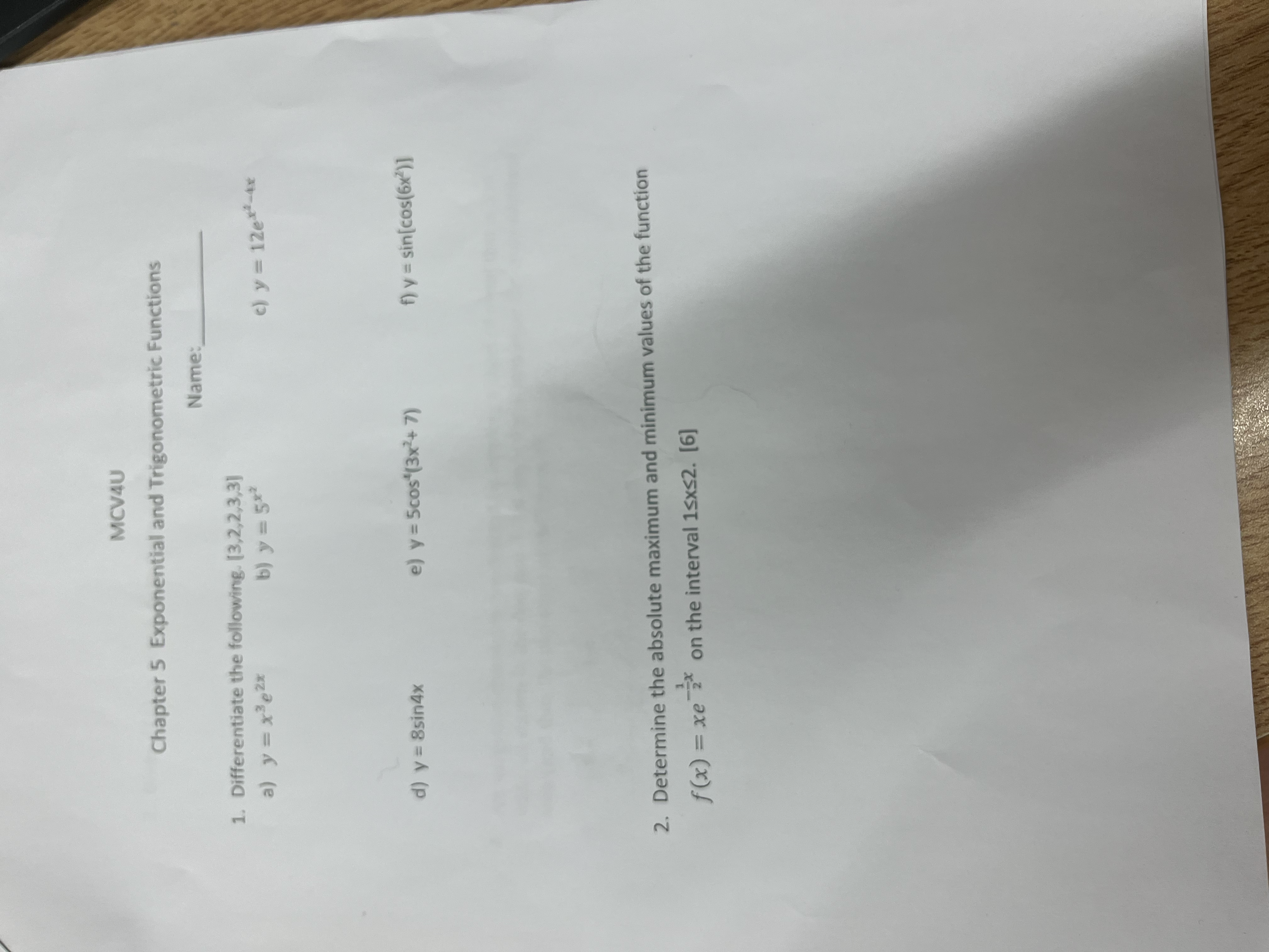 MCVAU Chapter 5 Exponential and Trigonometric Functions Name: 1. Differentiate the