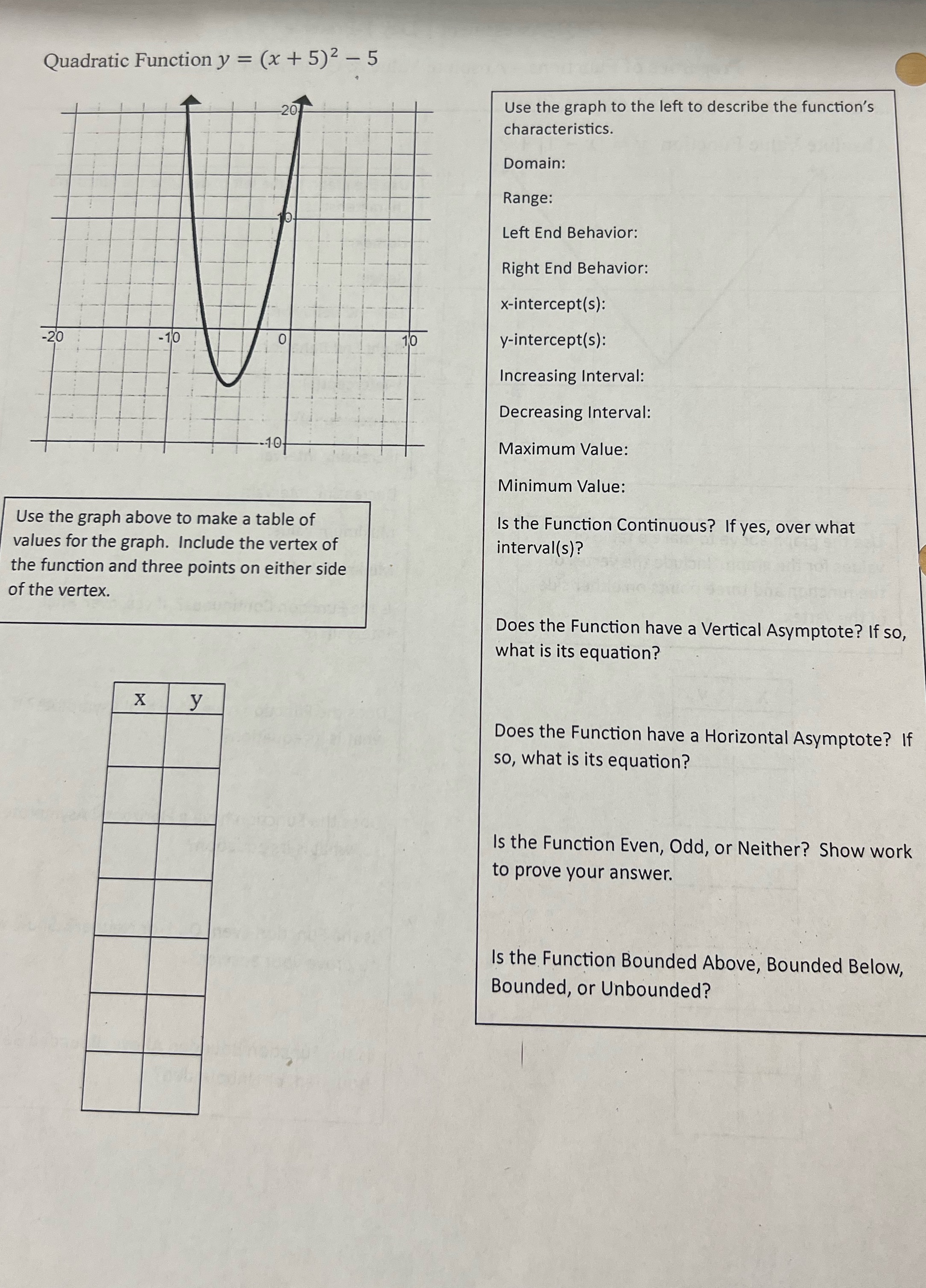  Quadratic Function y = (x + 5)2 - 5 -201 Use