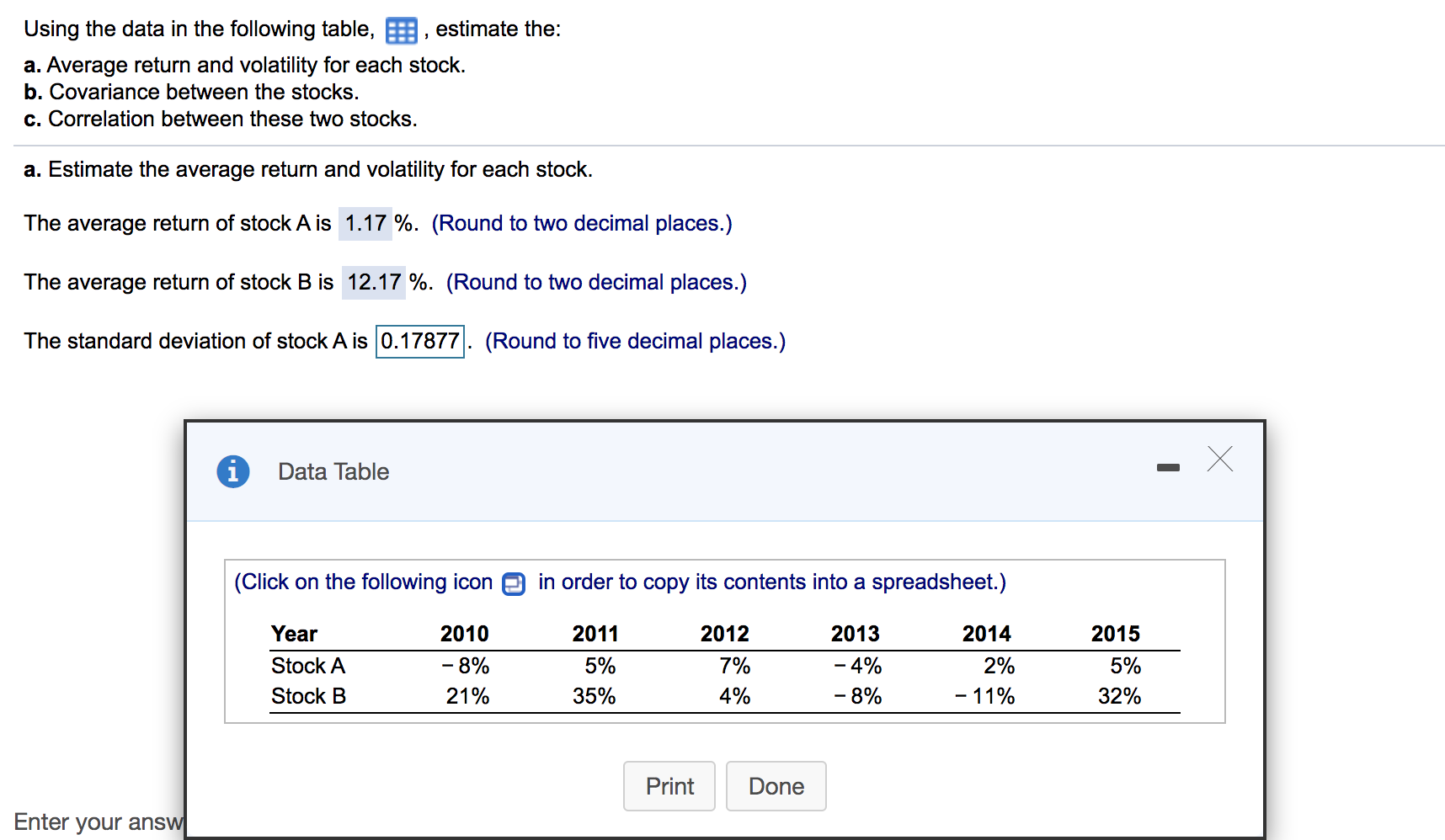 each stock but I can't figure out the standard deviation for each,