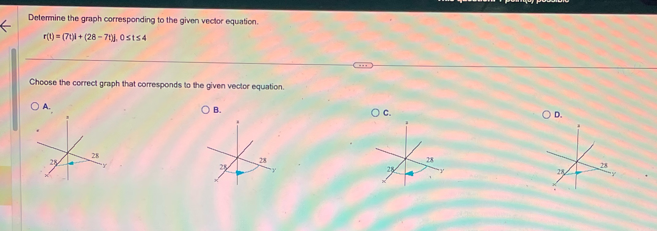 (7t)i + (28 -7t)j, Osts4 Choose the correct graph that corresponds to