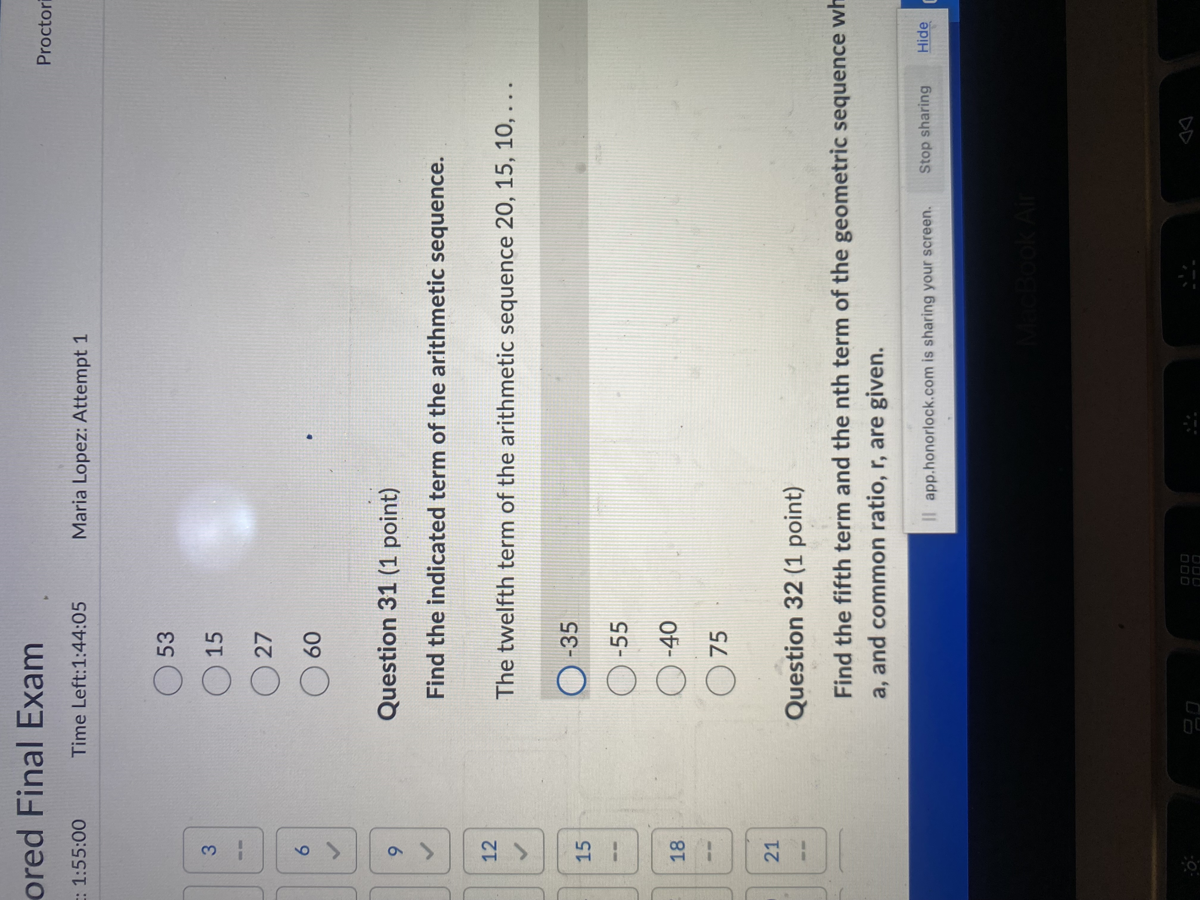(1 point) Find the indicated term of the arithmetic se Il app.honorlock.com