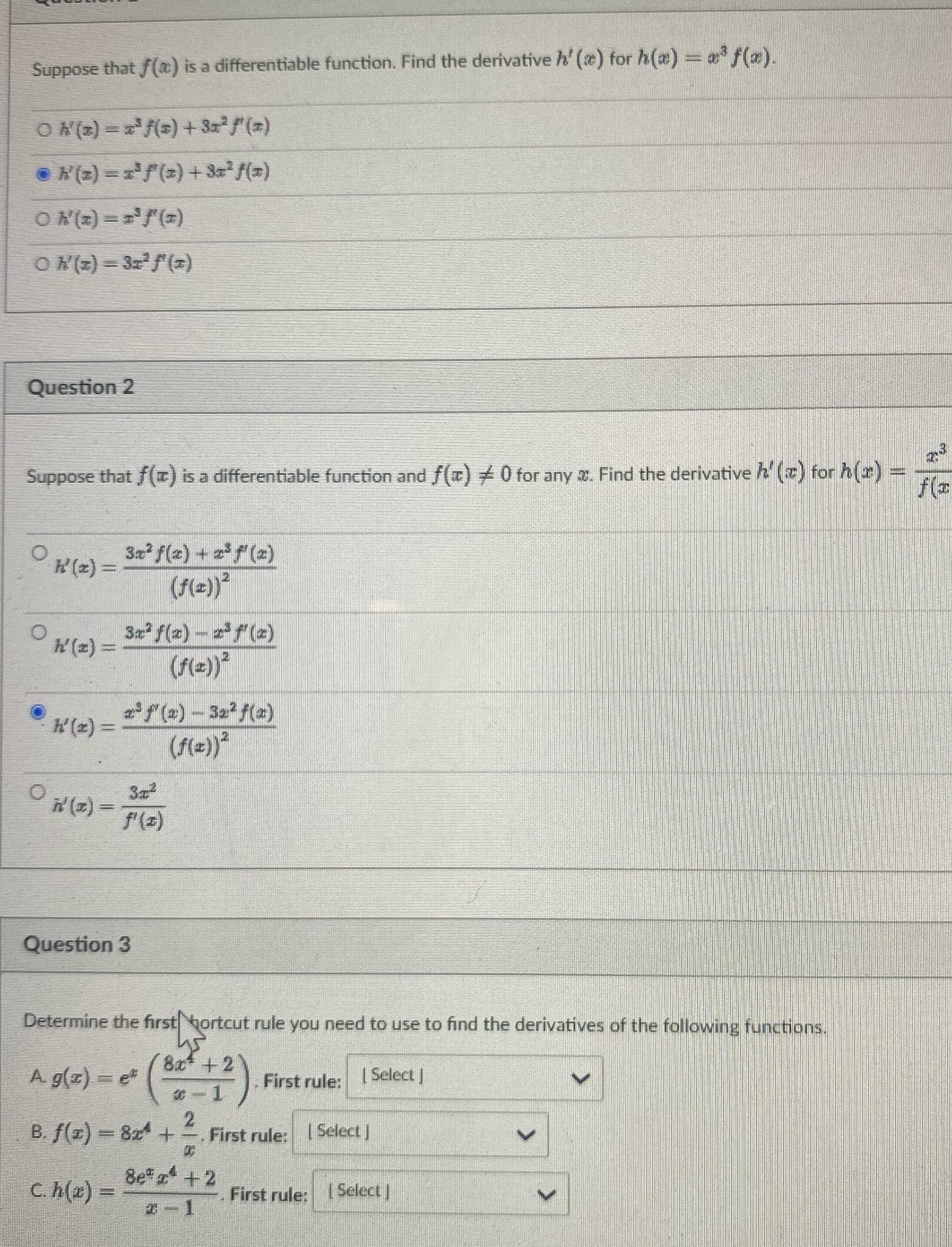  Suppose that f() is a differentiable function. Find the derivative h'