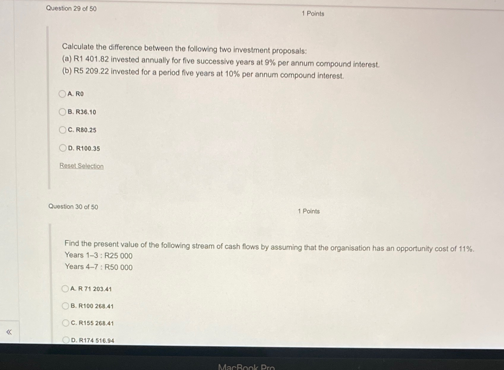  Question 29 of 50 1 Points Calculate the difference between the