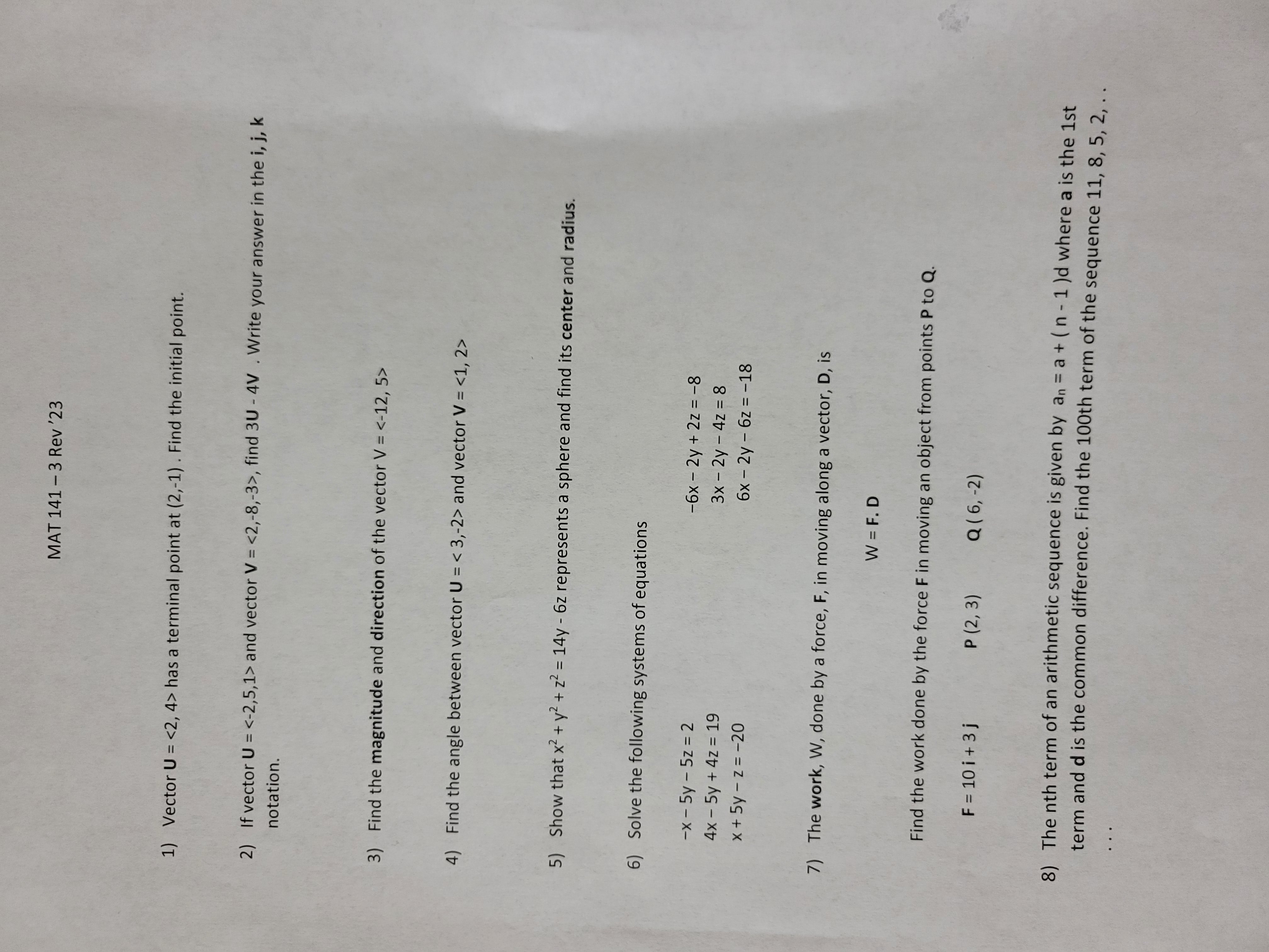 vector U = and vector V = , find 30 - 4V