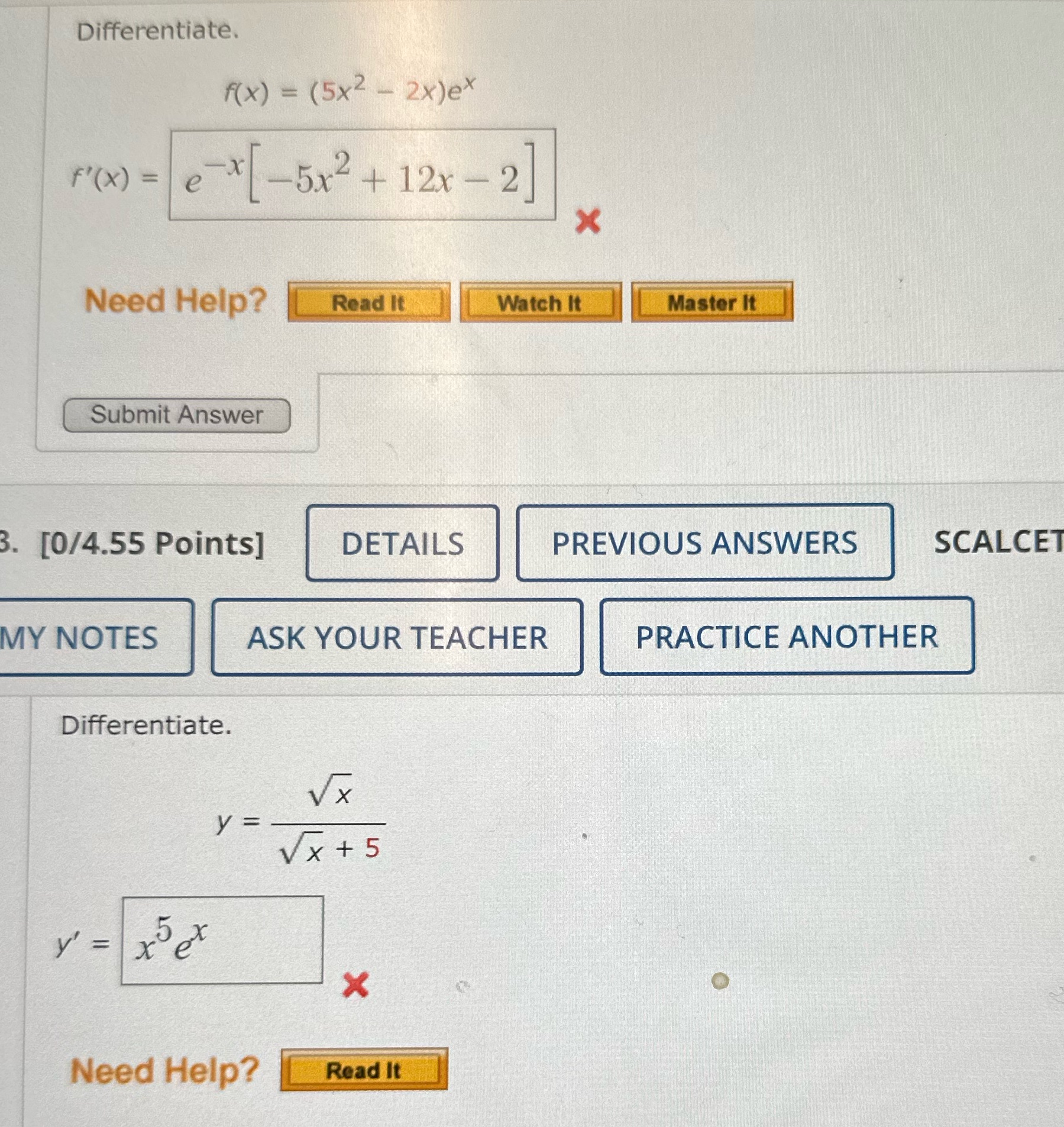 ex F' ( x ) = ex -5x2+12x -2 X Need Help?