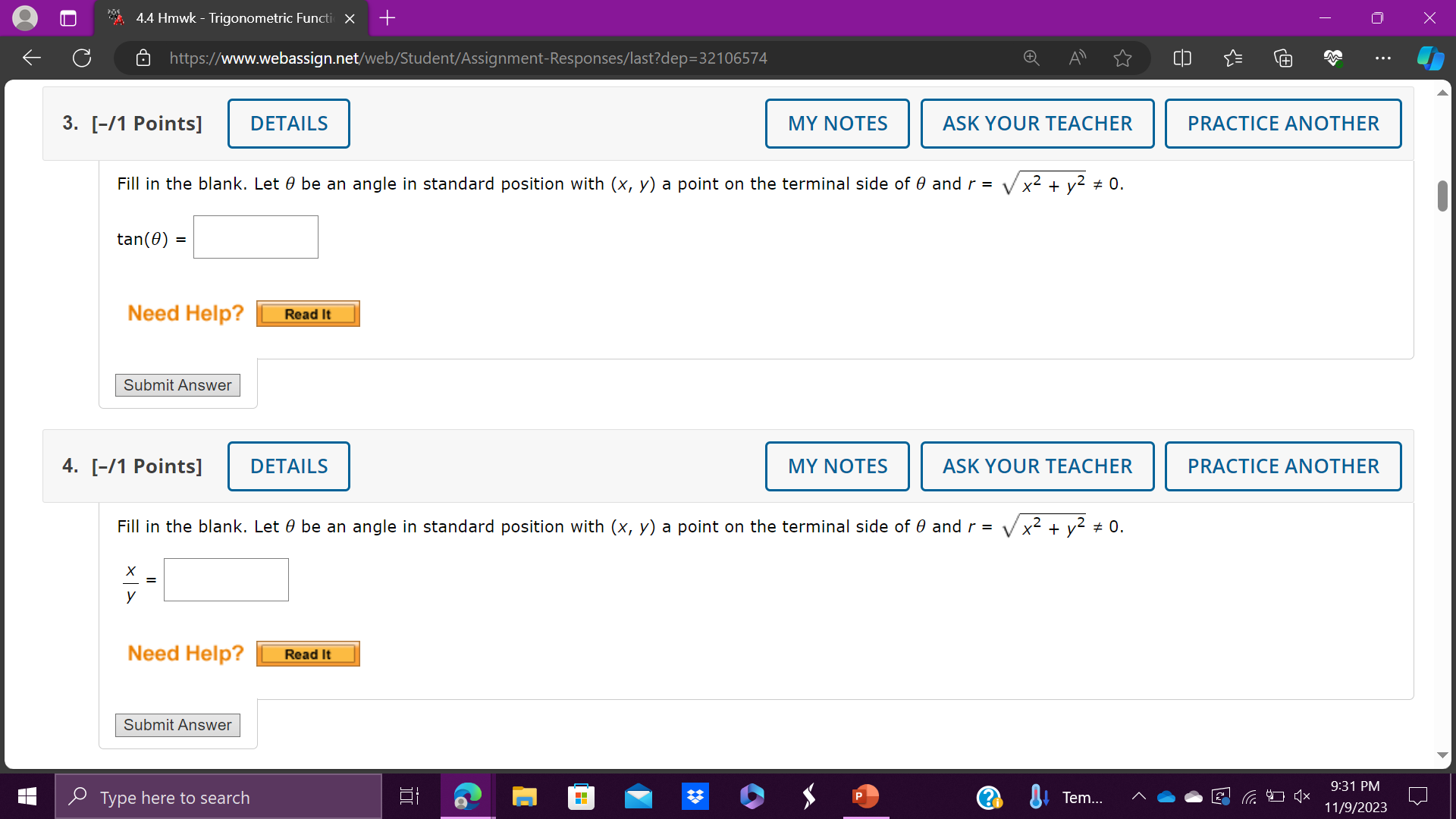 [-11 Points] DETAILS Fill in the blank. Let 9 be an angle