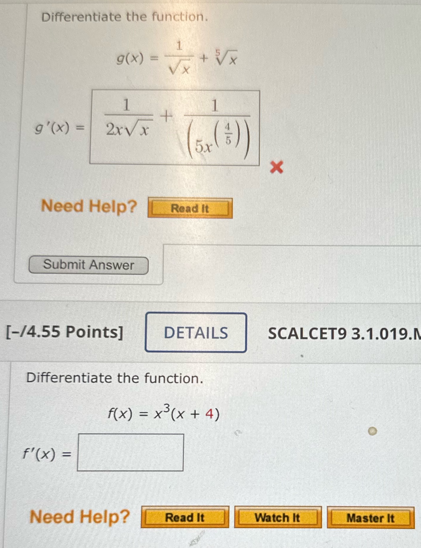 g' ( x ) = 2xVx 5x X Need Help? Read It