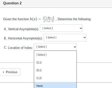 Select ] [ Select ] (2,1) Previous (0,1) (1,2) NoneGiven the function