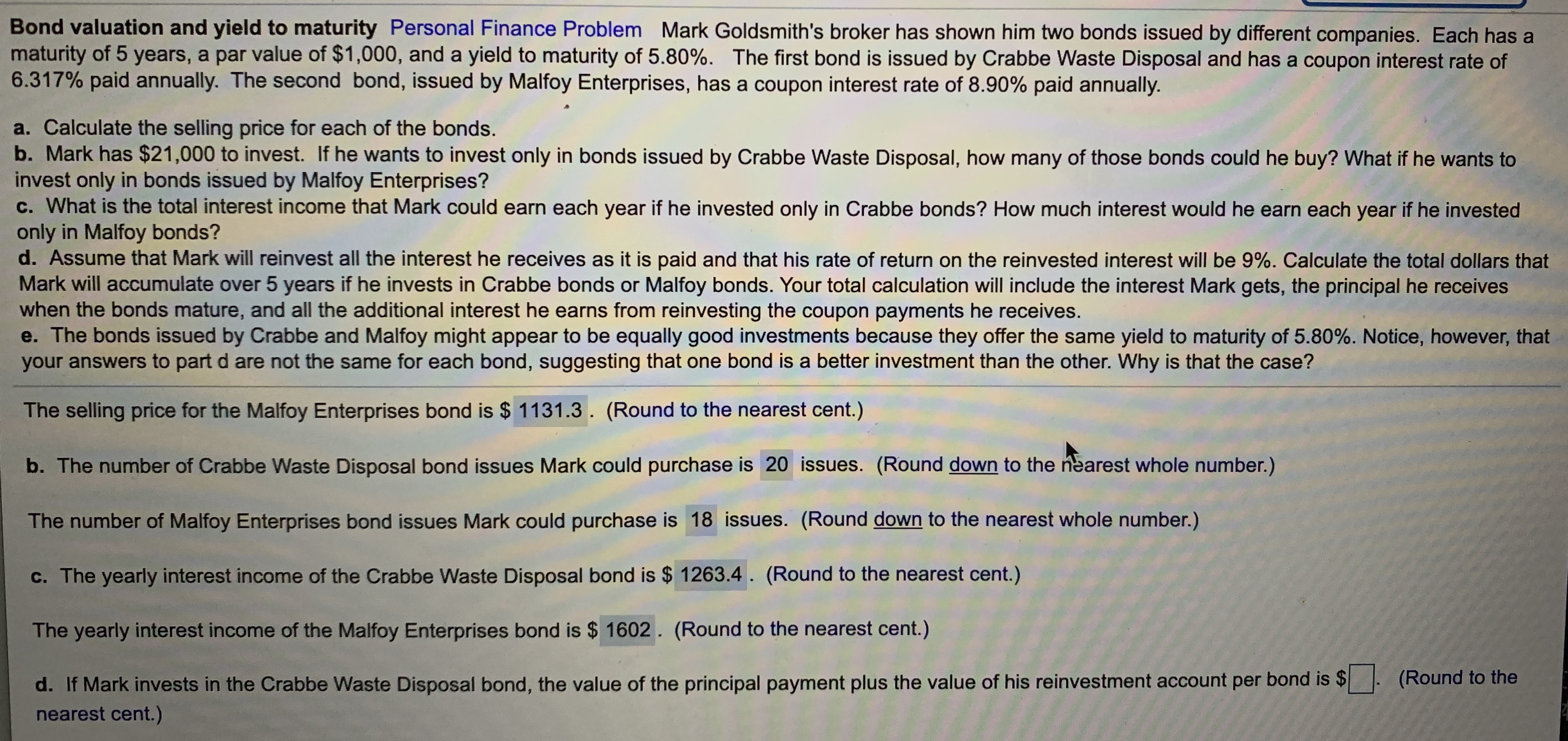 and yield to maturity Personal Finance Problem Mark Goldsmith's broker has shown