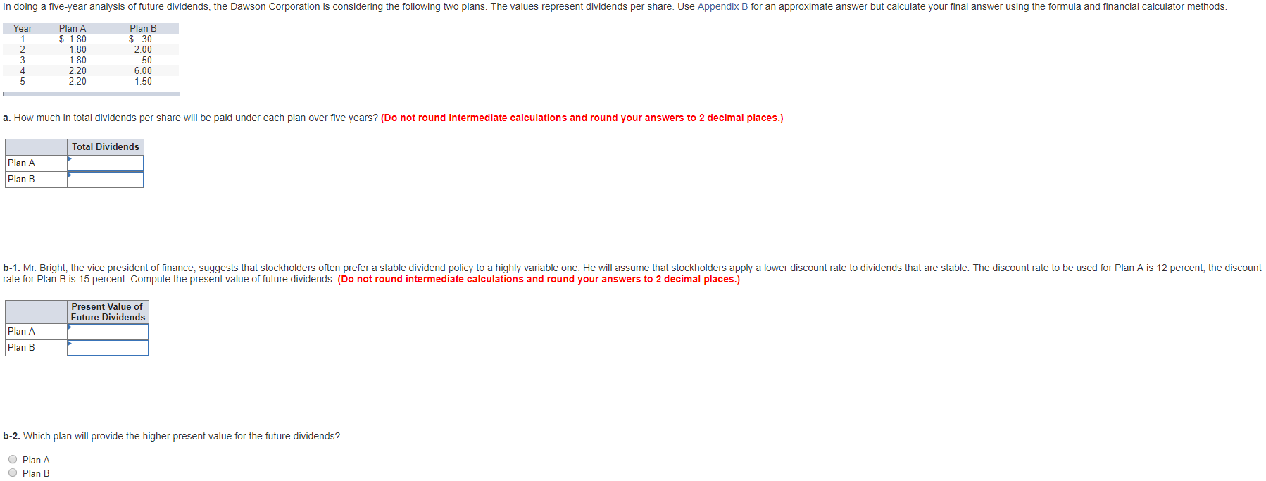 is considering the following two plans. The values represent dividends per share.
