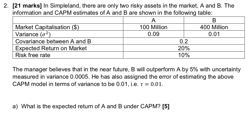 assets in the market, A and B. The information and CAPM estimates