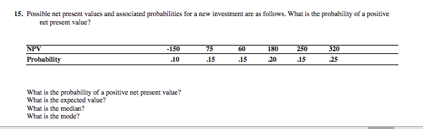 15. Possible net present values and associated probabilities for a new investment