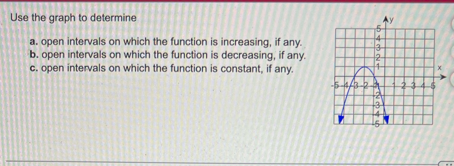 the function is increasing, if any. b. open intervals on which the
