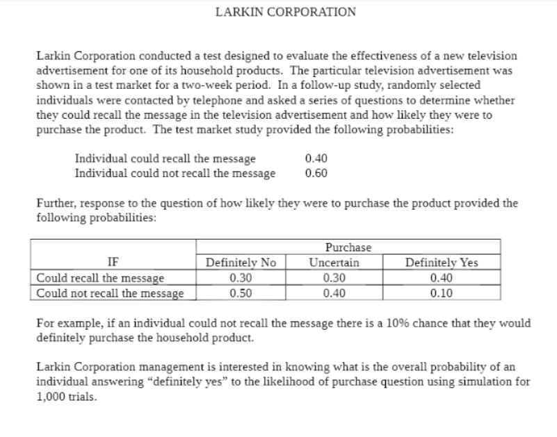 Do the simulation twice(1) Excel commands and (2) Crystal Ball LARKIN