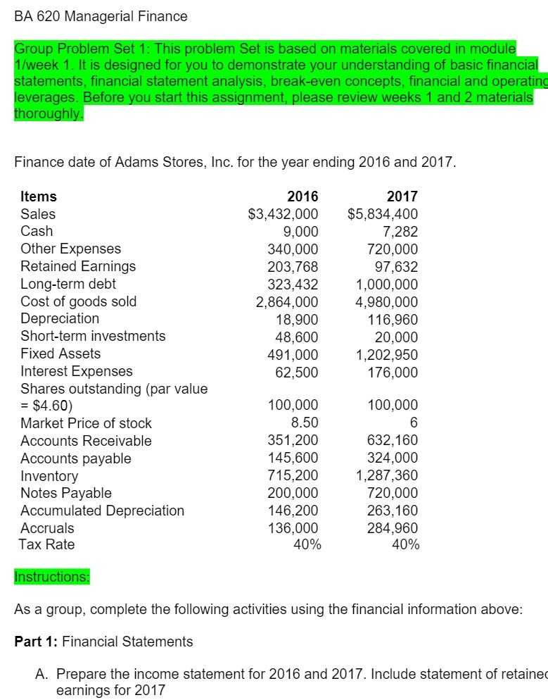  BA 620 Managerial Finance Group Problem Set 1: This problem Set