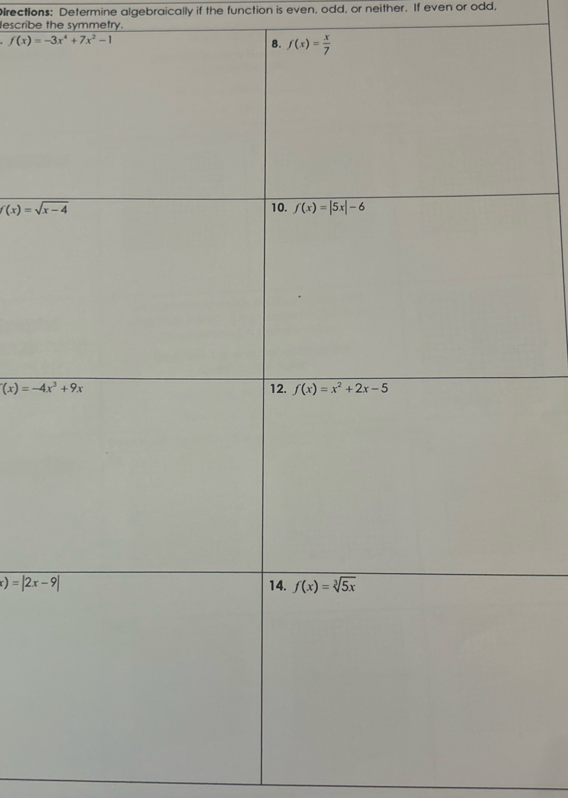 Directions: Determine algebraically if the function is even, odd, or neither.