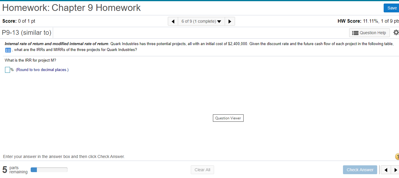 of 9 pt P9-7 (similar to) Question Help Net present value. Quark