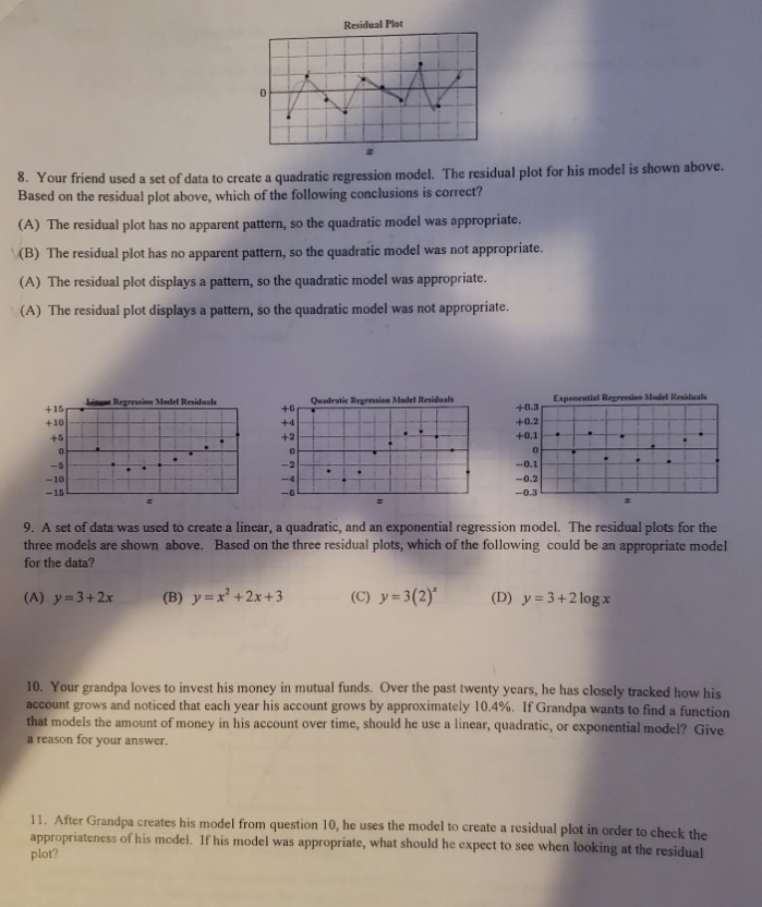 used a set of data to create a quadratic regression model. The