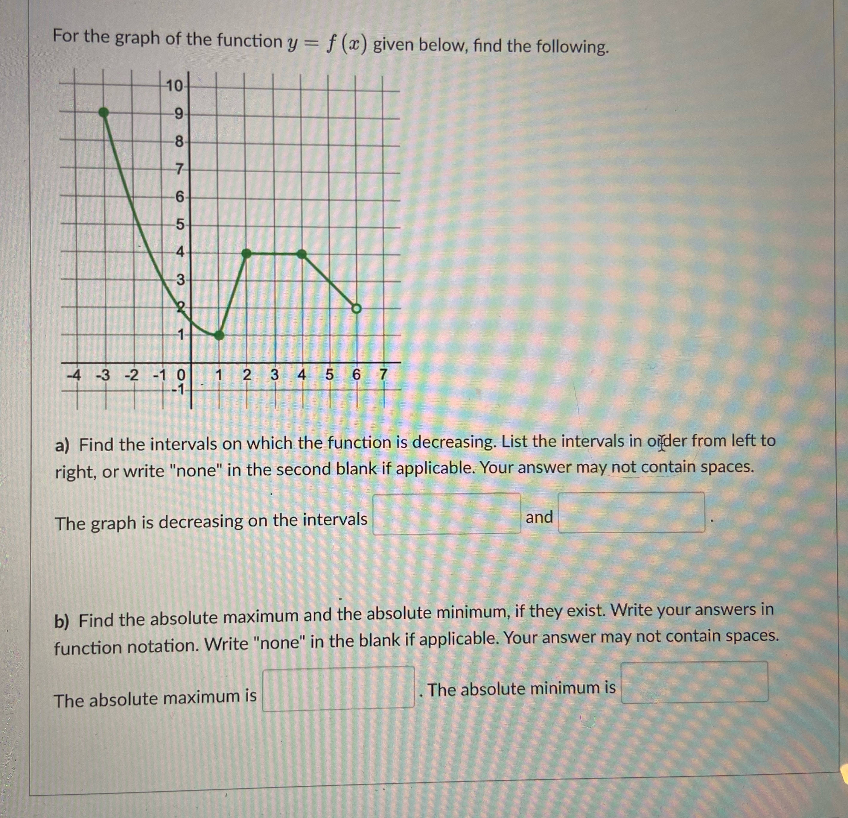 (x) given below, find the following. 10 3 -2 -1 9 2