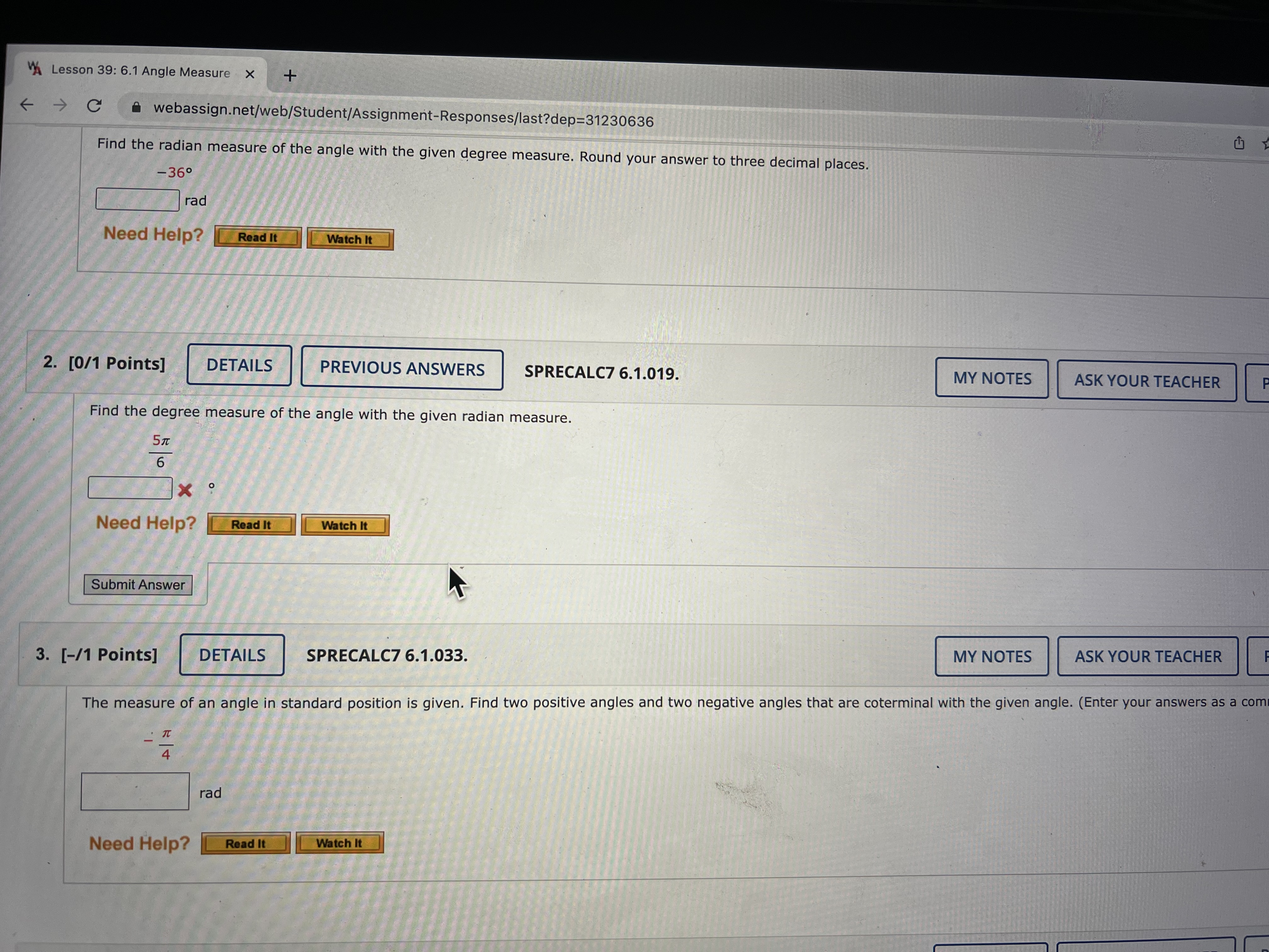 given radian measure. 5 TC 6 X Need Help? Read It Watch