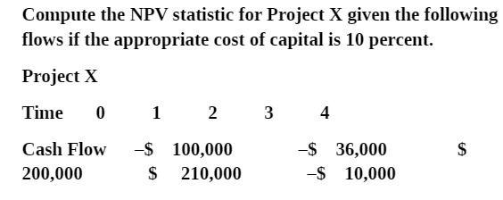 Compute the NPV statistic for Project X given the following flows