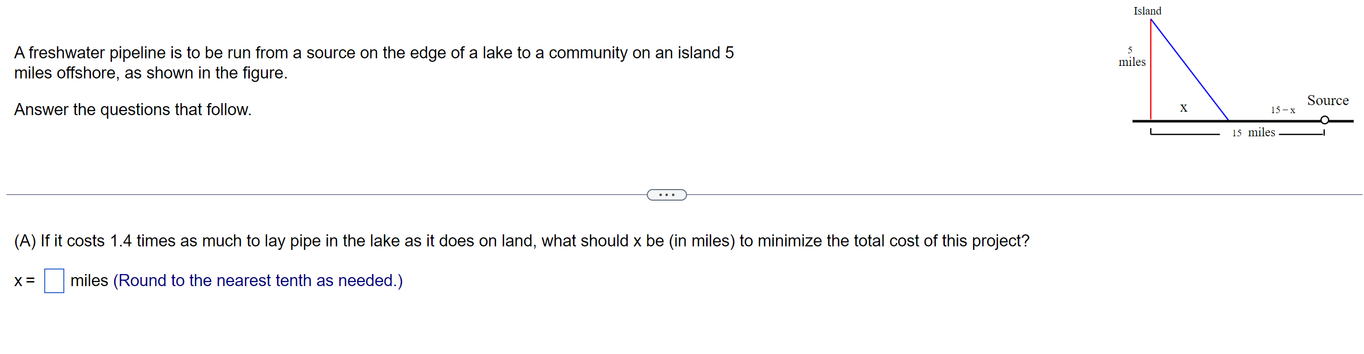 What value of x minimizes the total distance? x = miles (Round