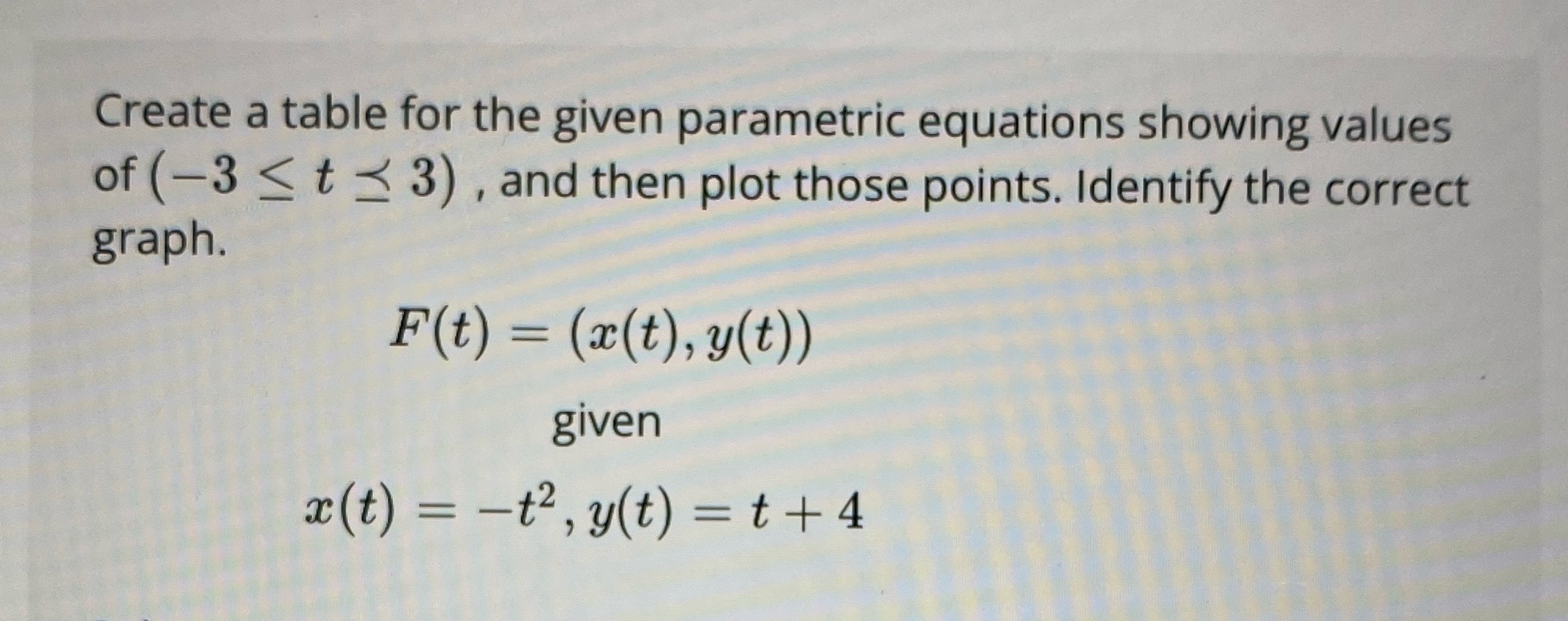 Create a table for the given parametric equations showing values of (3