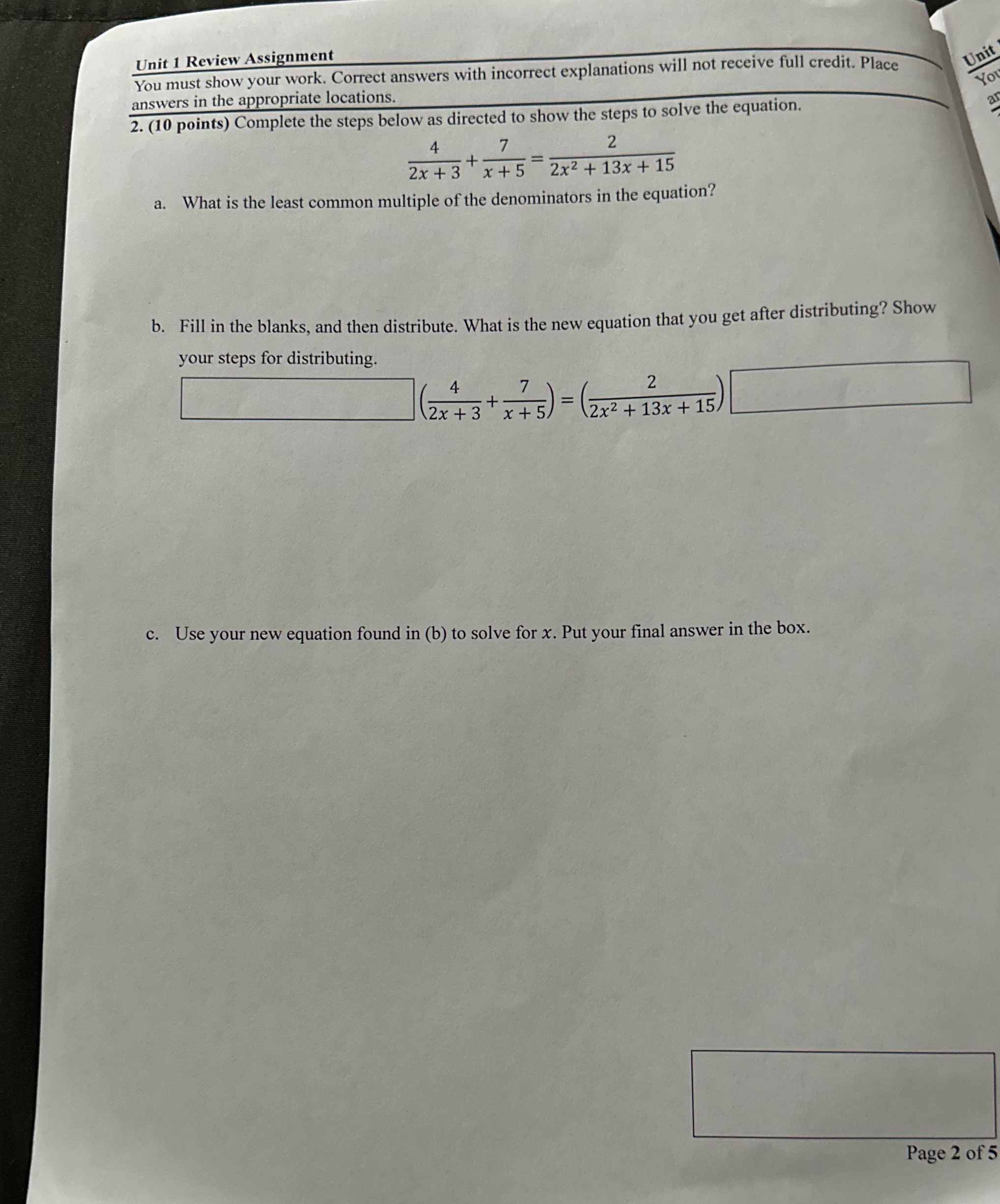  Unit 1 Review Assignment You must show your work. Correct answers