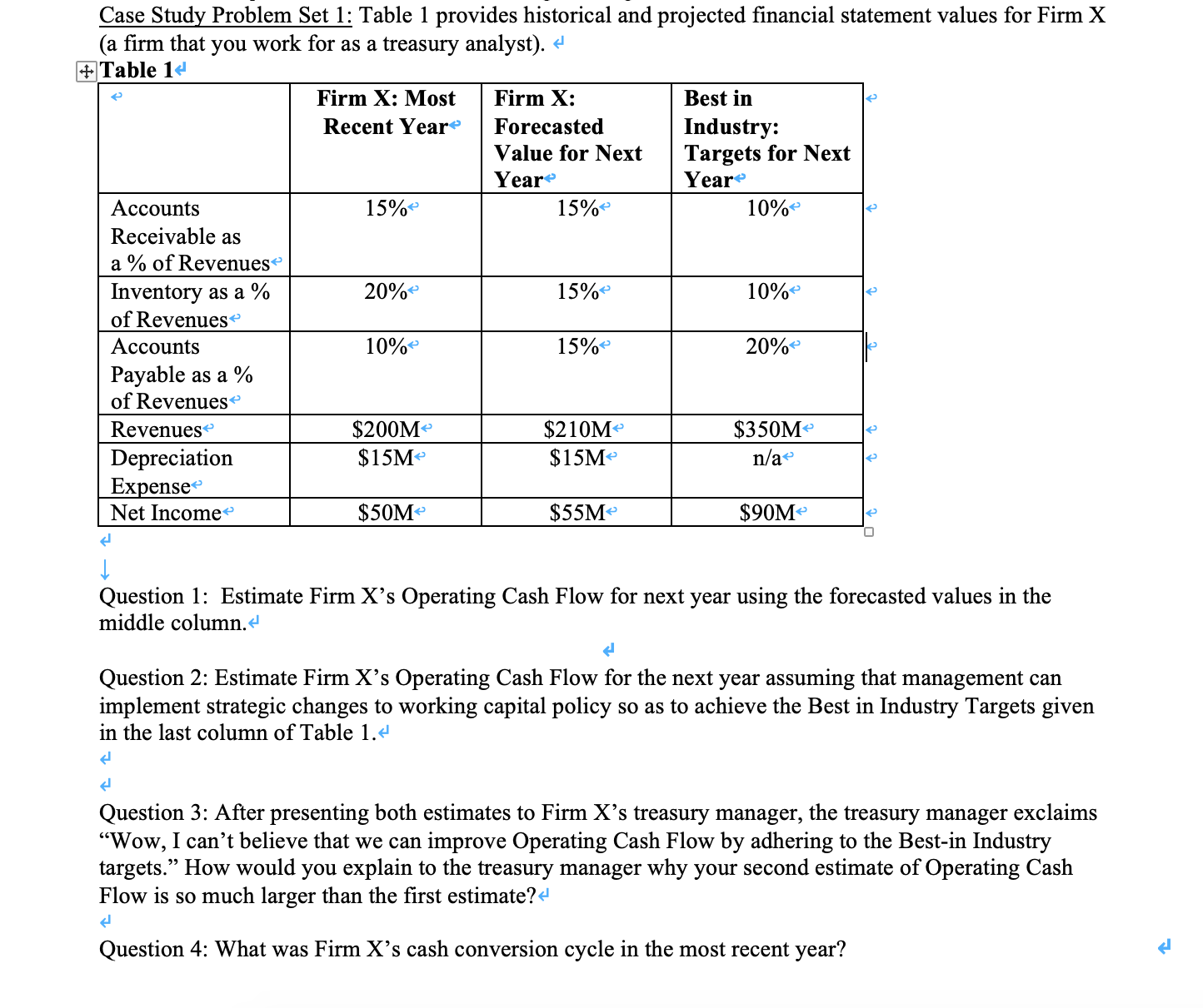  Case Study Problem Set 1: Table 1 provides historical and projected