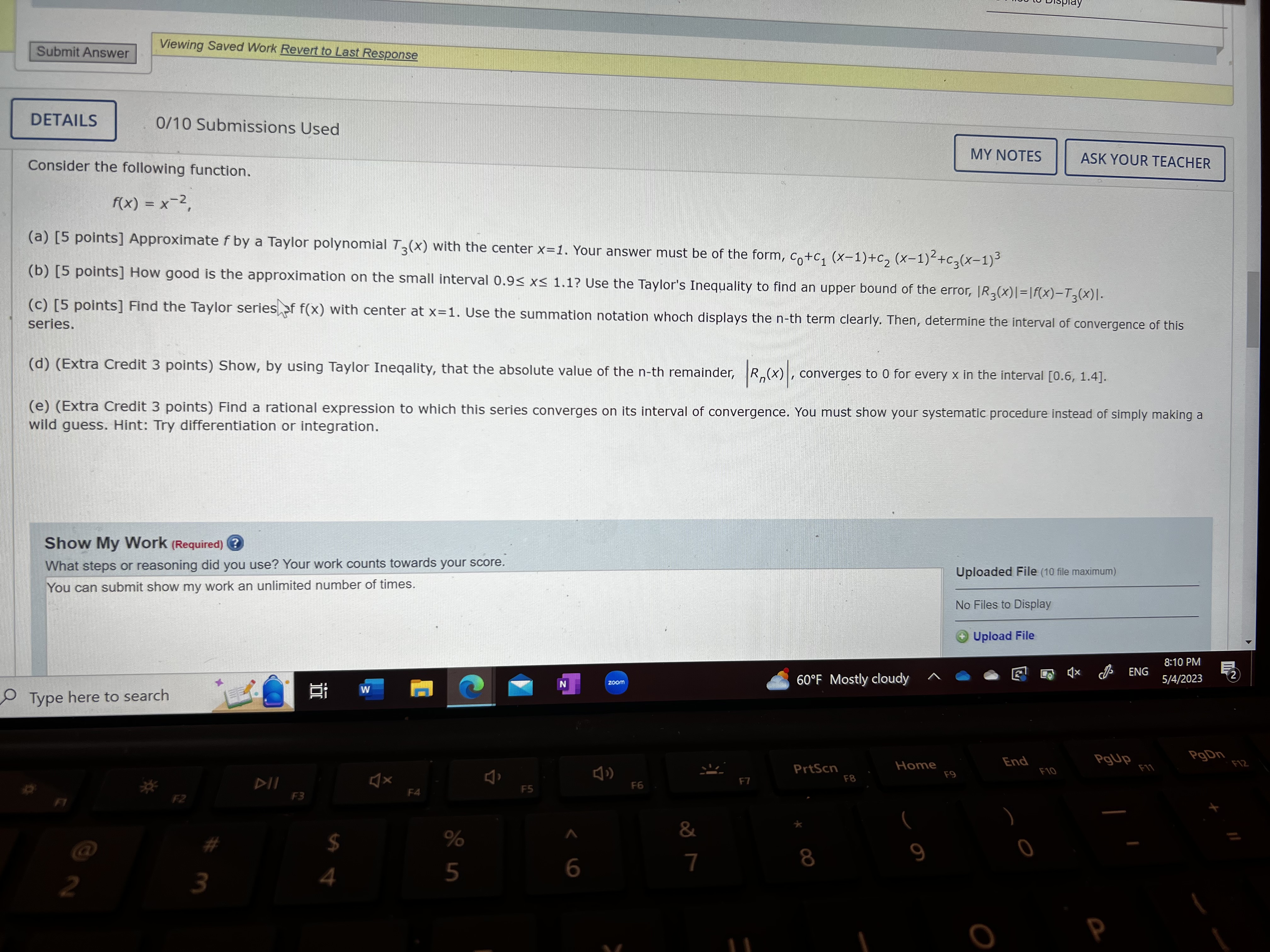 DETAILS 0/10 Submissions Used MY NOTES ASK YOUR TEACHER Consider the following