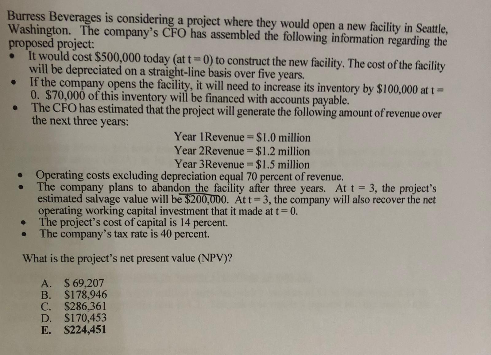 Burress Beverages is considering a project where they would open a new