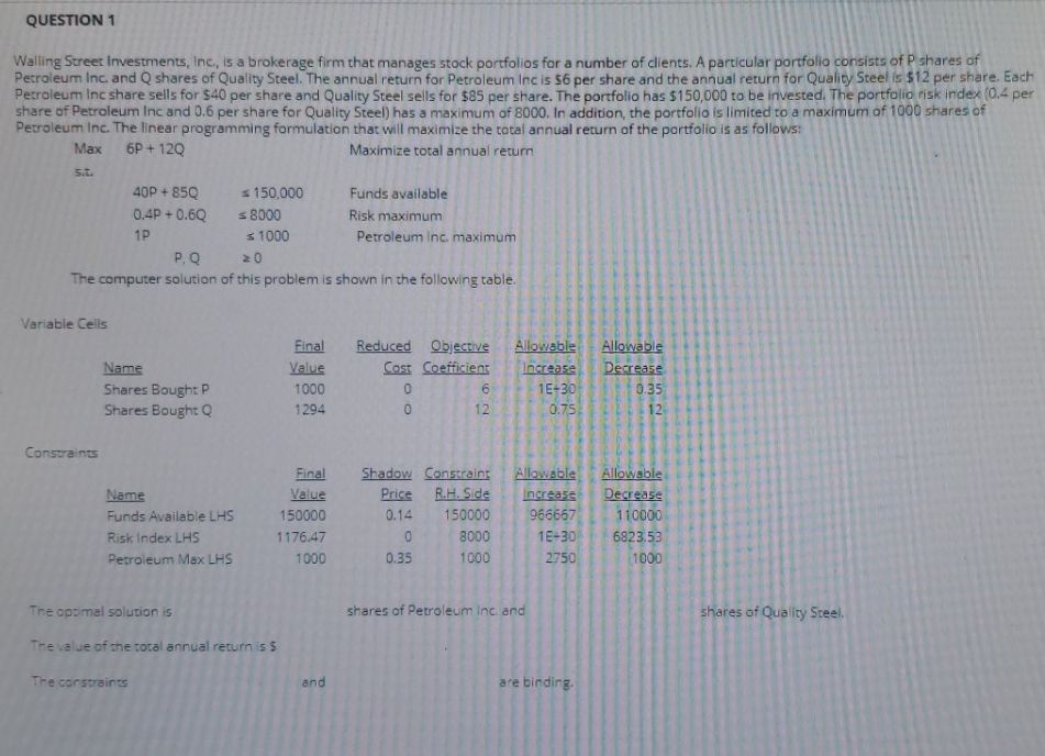  I need help working out this problem. QUESTION 1 Walling Street