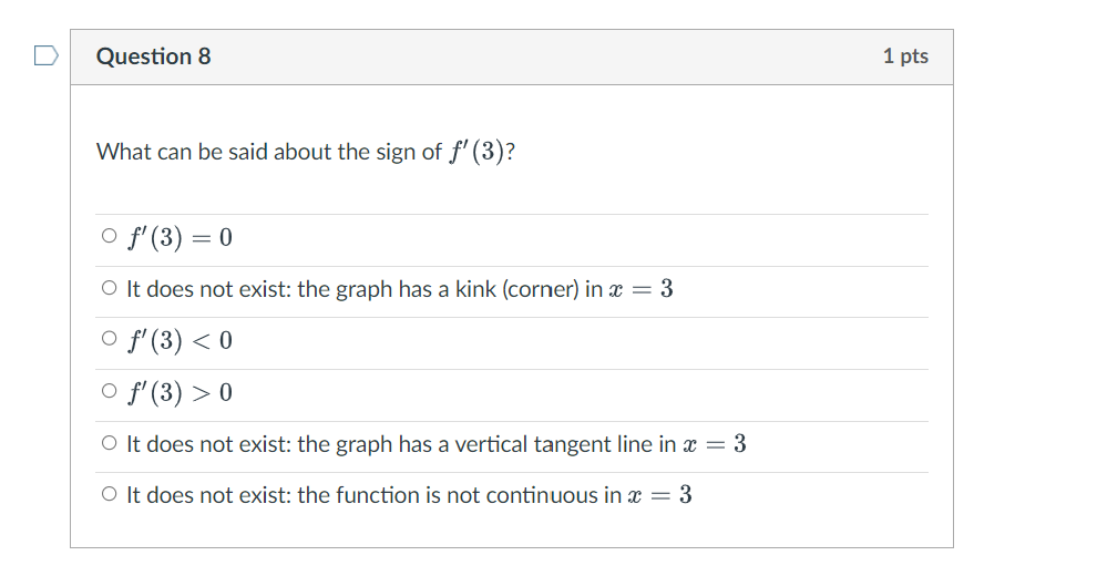 the sign of f' (2)? O f'(2) > 0 0 It does