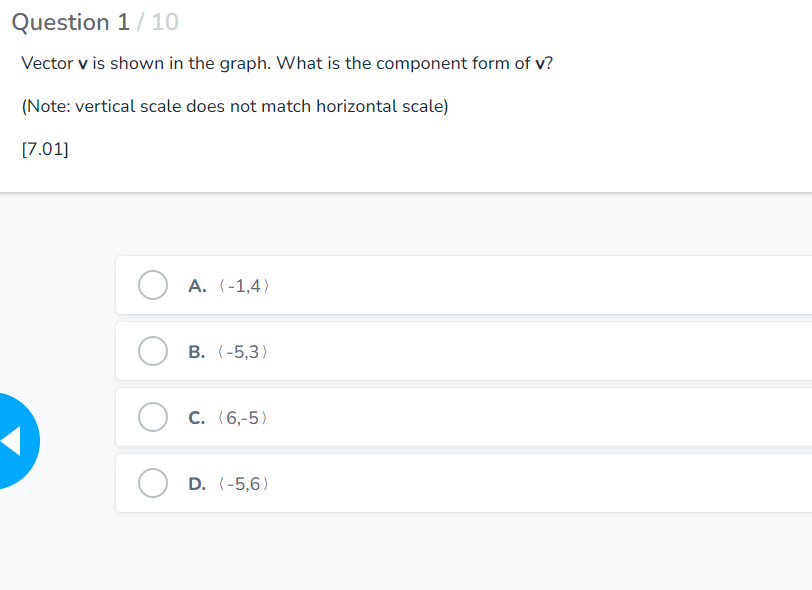  Question 1 Vector v is shown in the graph. What is