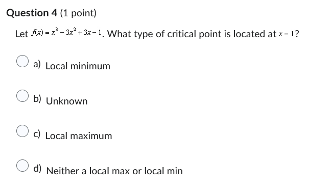  Grade 12 calculus. Multiple choice. Answer asap Question 4 (1 point)