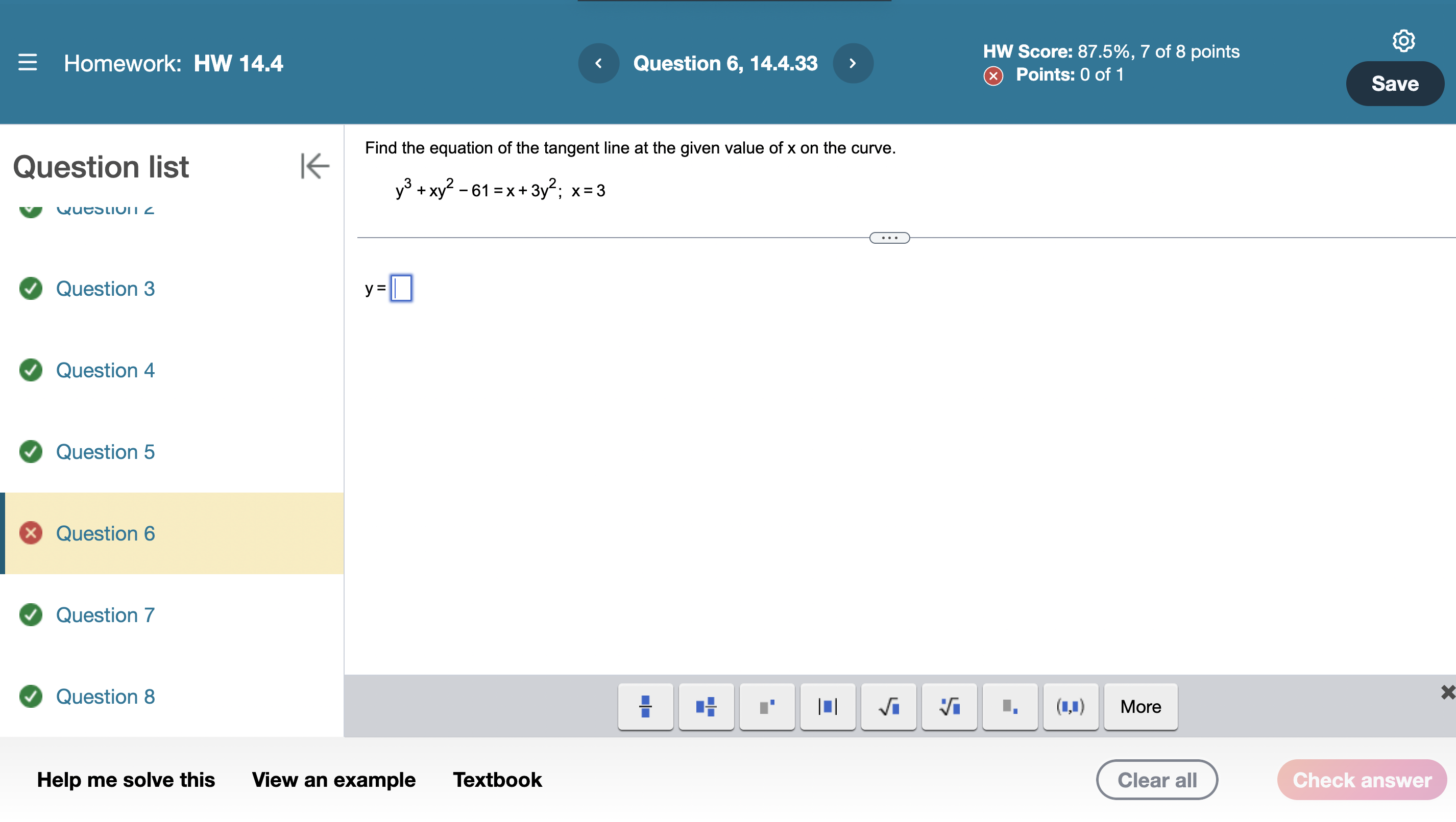 87.5%, 7 of 8 points Homework: Question list e Question 3 e