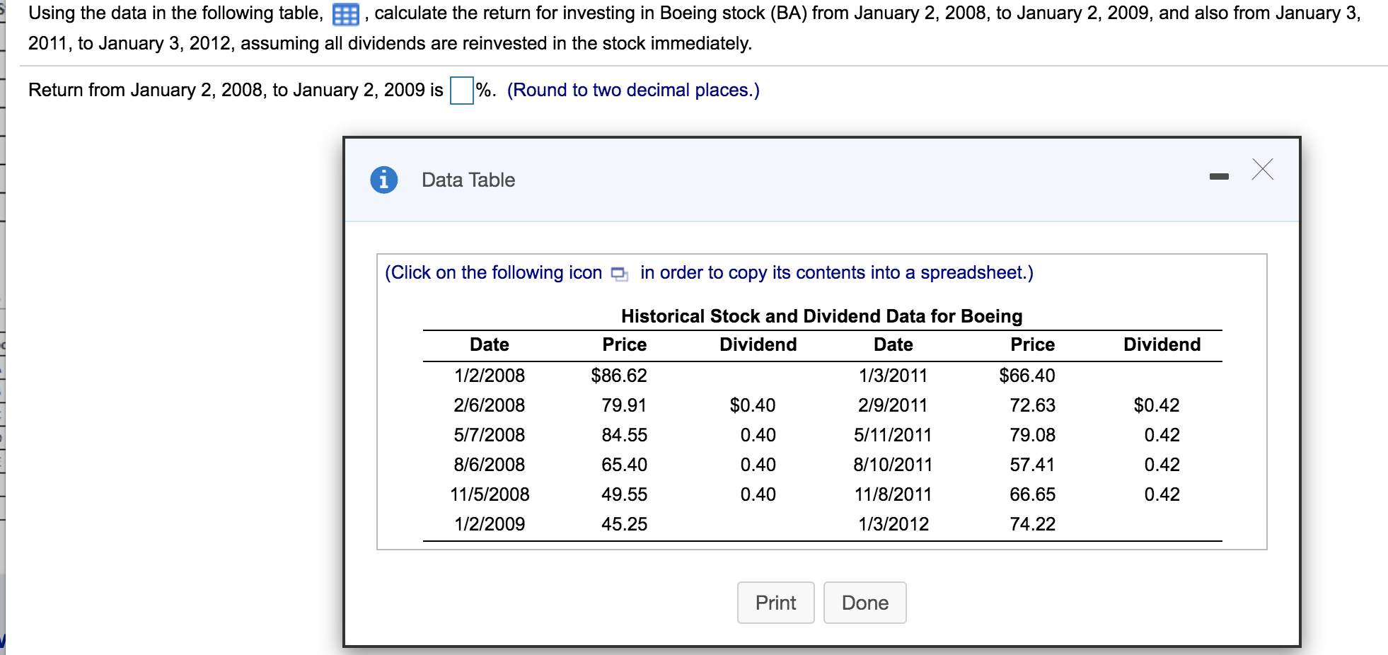 table, , calculate the return for investing in Boeing stock (BA) from