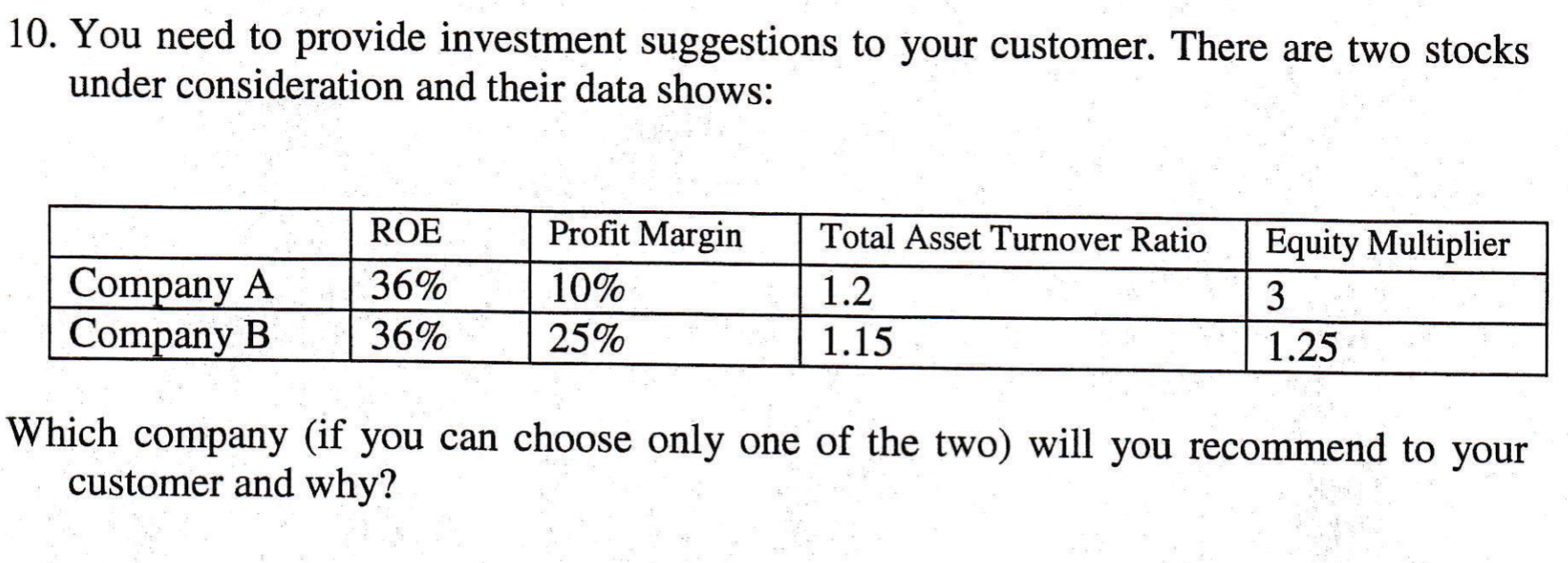 two stocks under consideration and their data shows: Com an A Com