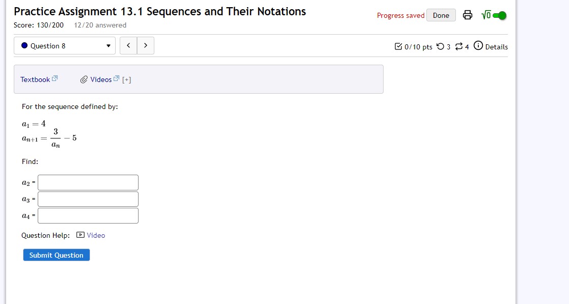 Assignment 13.1 Sequences and Their Notations progress saved Done .3, {5" Score: