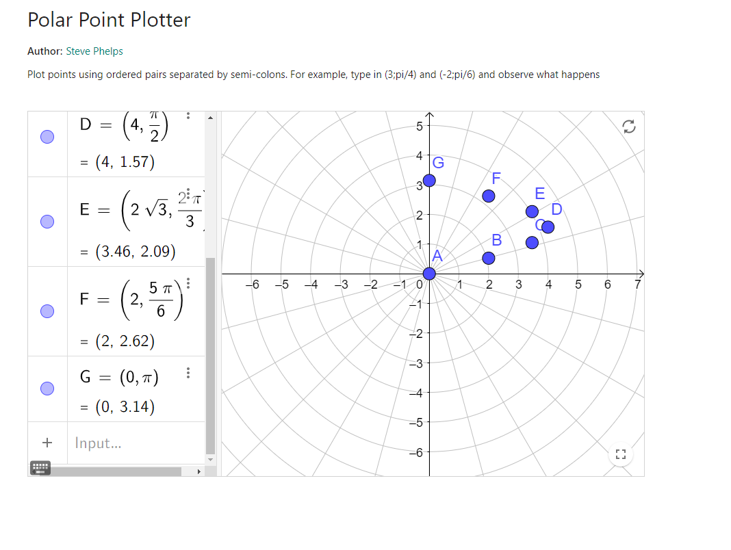 Polar Point Plotter Author: Steve Dhelps Plot points using ordered pairs separated