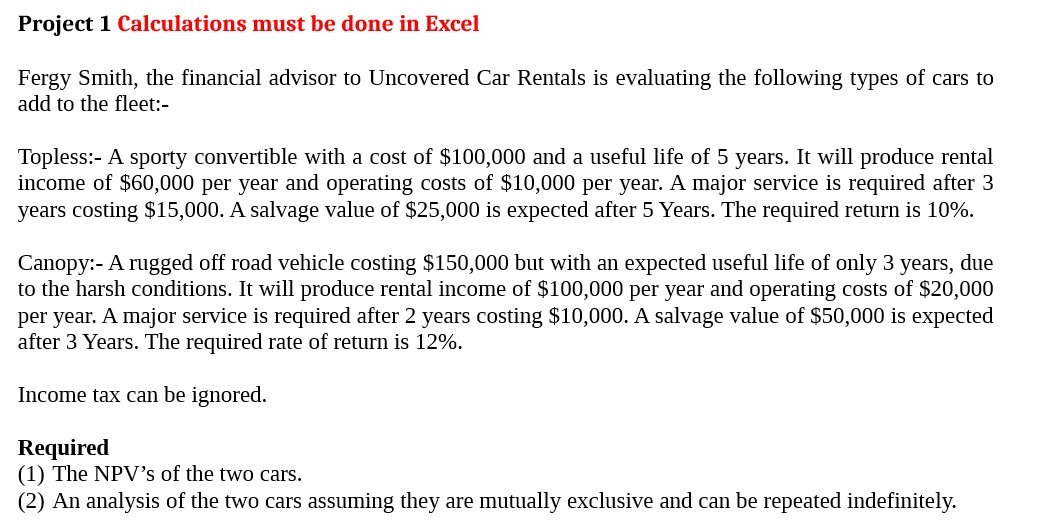 Project 1 Calculations must be done in Excel Fergy Smith, the