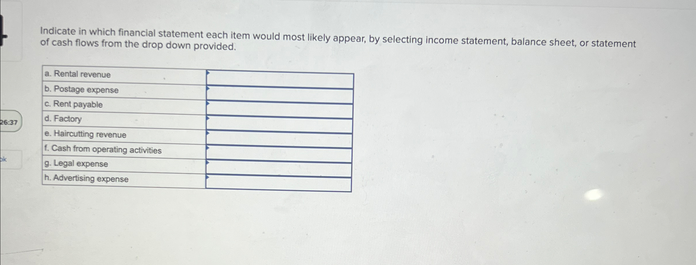 by selecting income statement, balance sheet, or statement of cash flows from