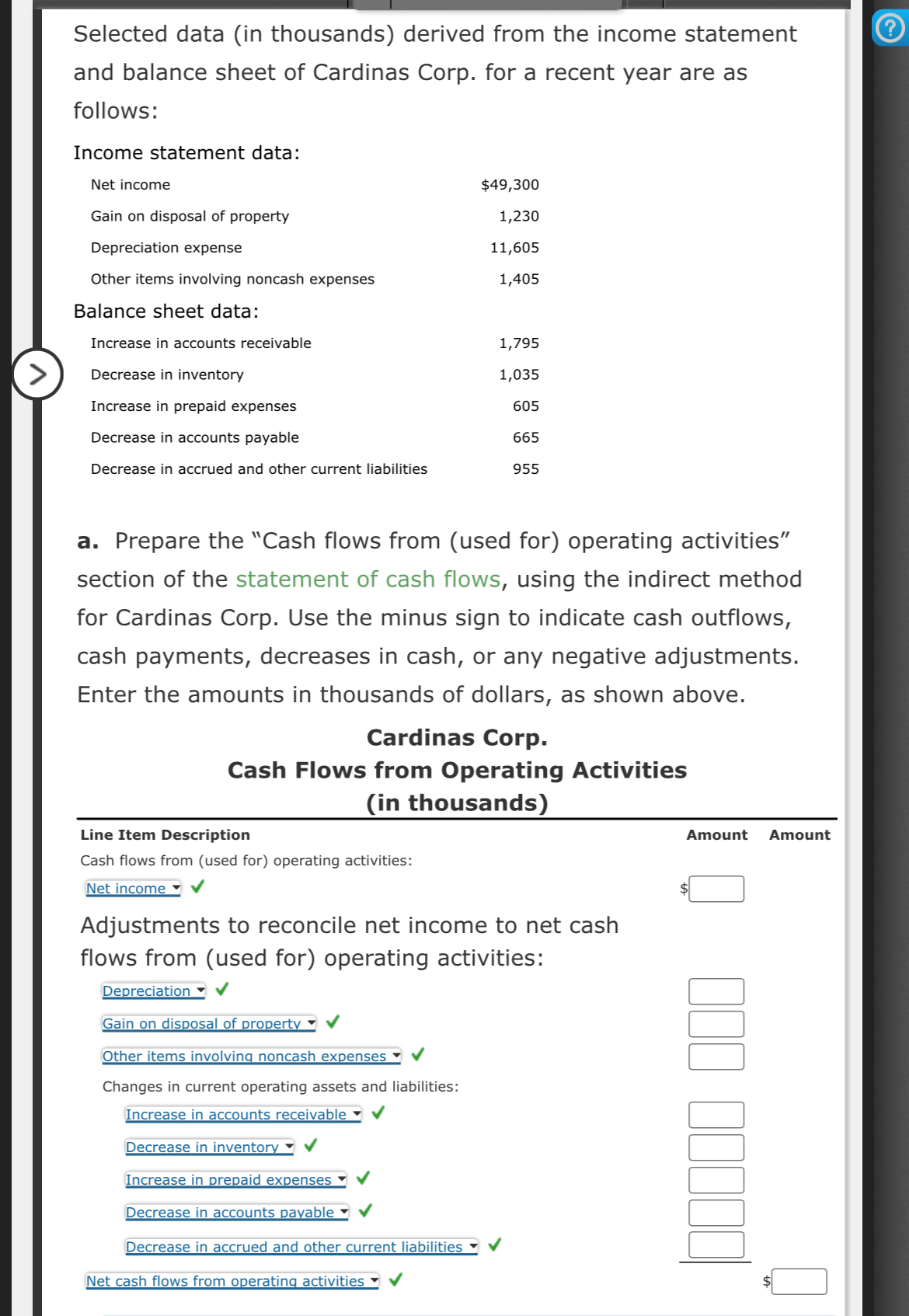 sheet of Cardinas Corp. for a recent year are as follows: Income