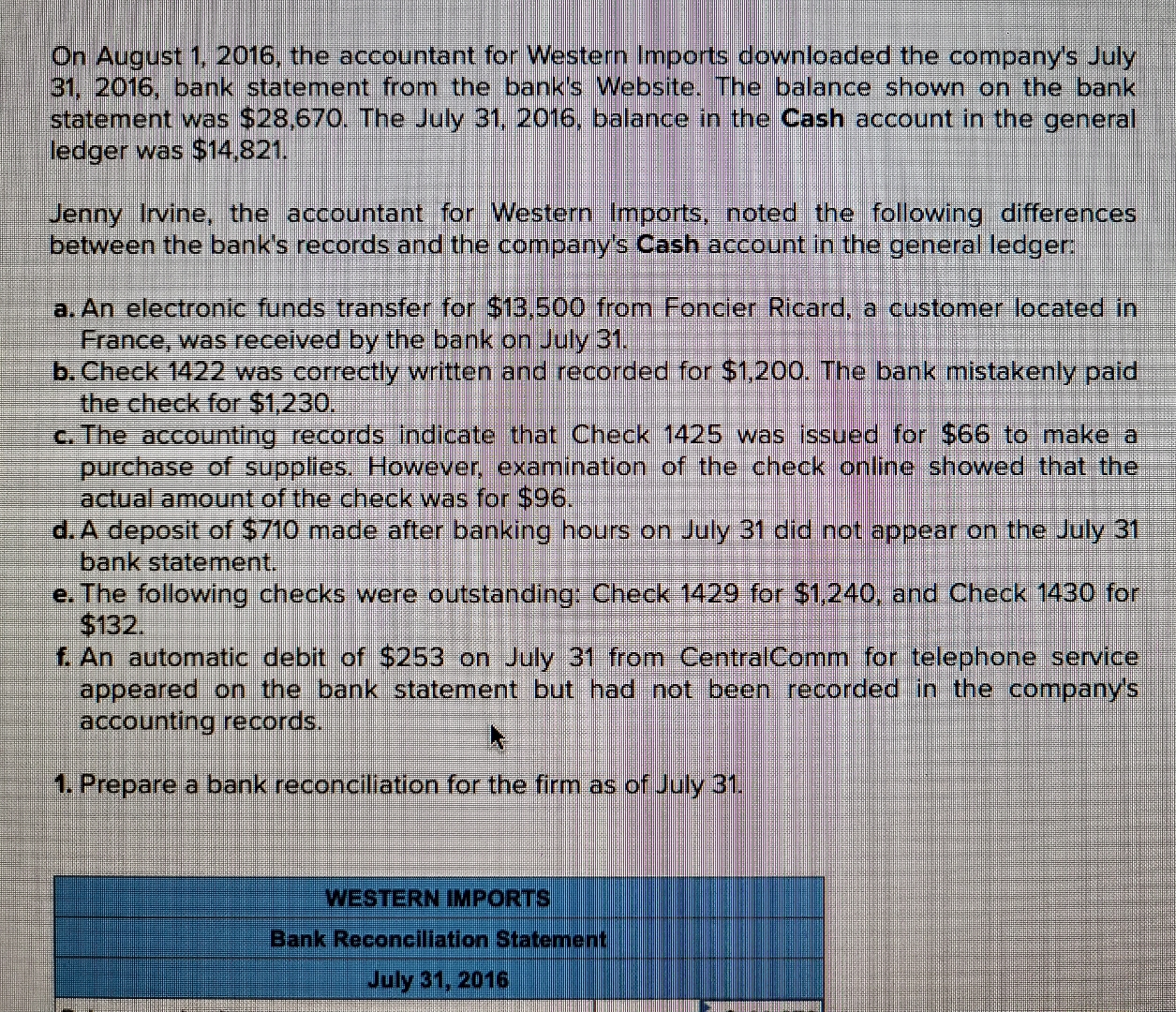 On August 1,2016, the accountant for Western Imports downloaded the company's