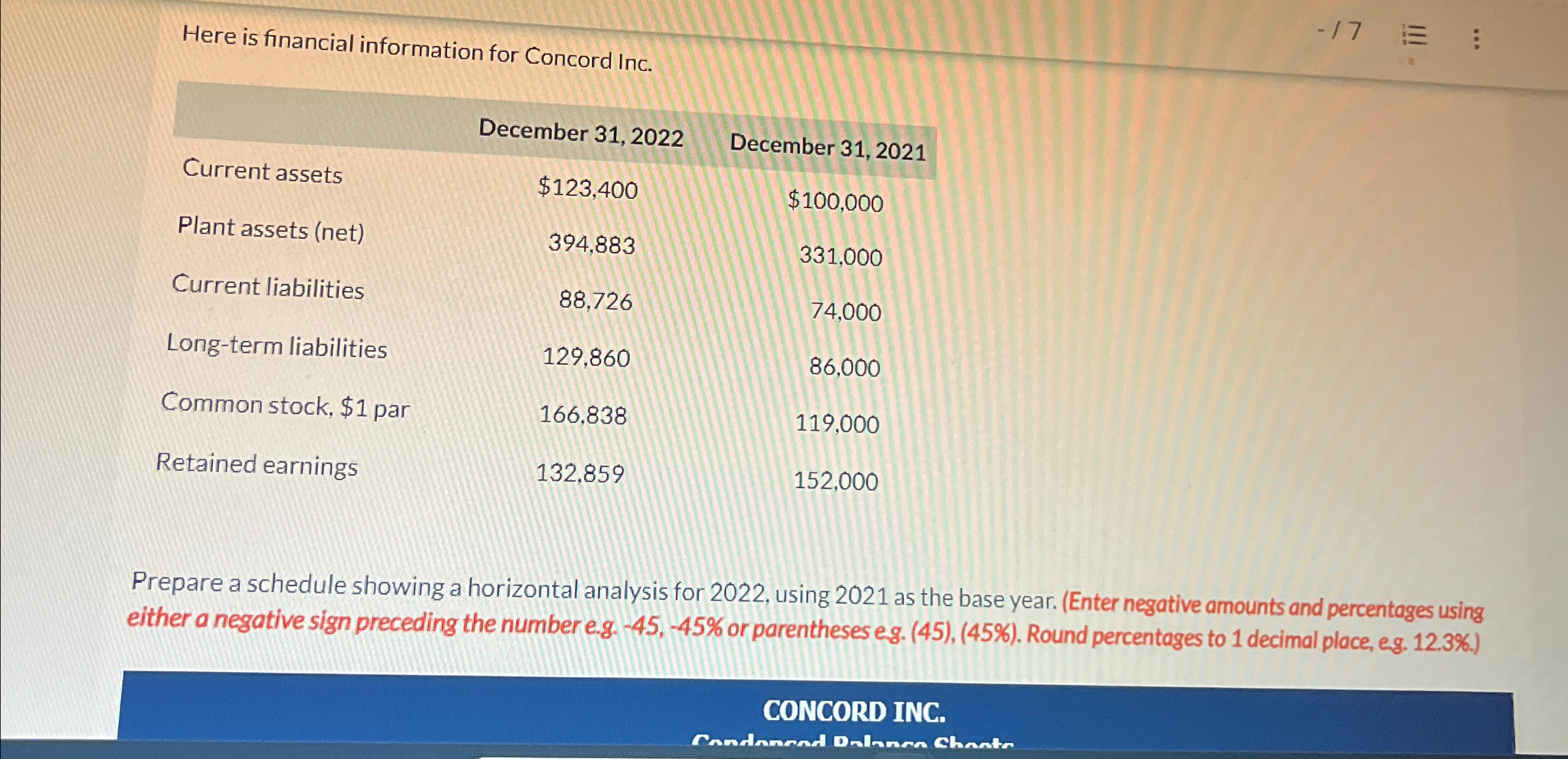  Here is financial information for Concord Inc. \table[[,December 31,2022,December 31,2021],[Current assets,$123,400,$100,000