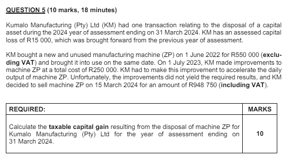 QUESTION 5(10 marks, 18 minutes) Kumalo Manufacturing (Pty) Ltd (KM) had